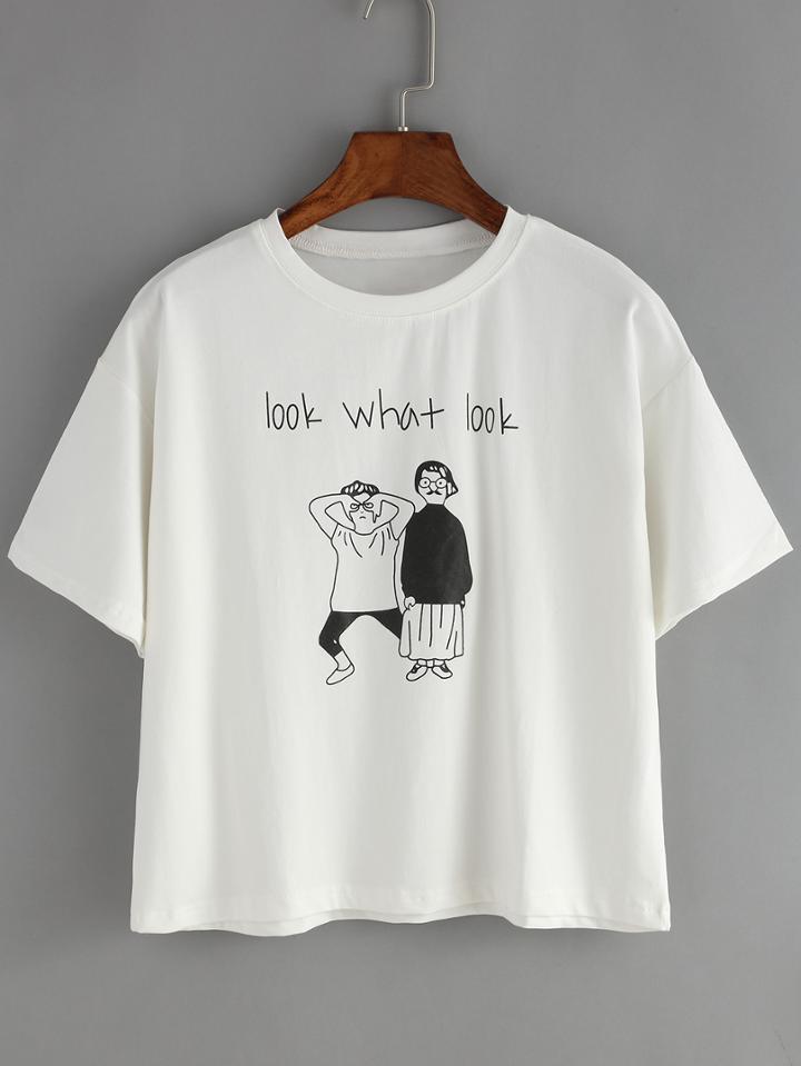 Romwe Cartoon Print Loose White T-shirt
