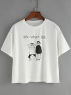 Romwe Cartoon Print Loose White T-shirt