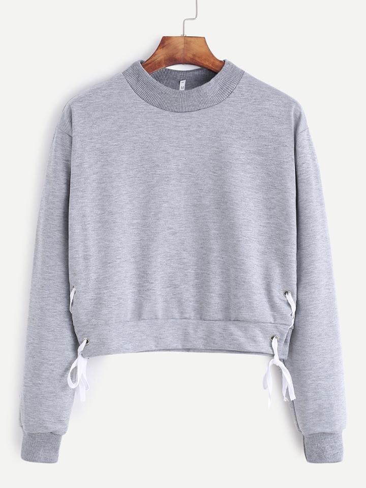 Romwe Light Grey Crew Neck Lace Up Side Sweatshirt
