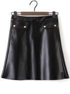 Romwe Pocket Zipper Pu A-line Skirt