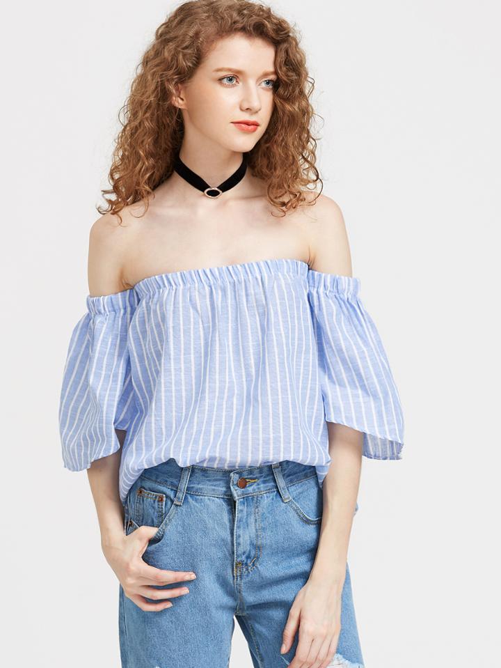 Romwe Off Shoulder Pinstripe Top