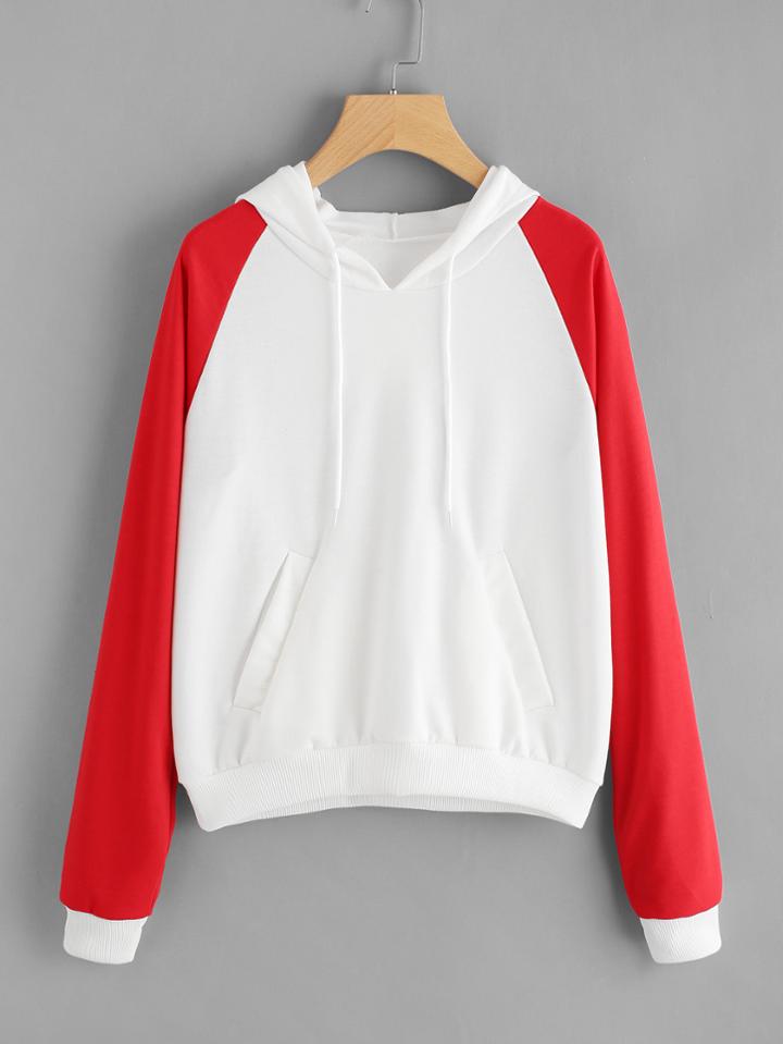 Romwe Raglan Contrast Sleeve Pocket Hoodie