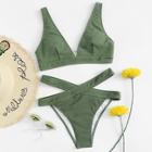 Romwe Textured V-neck Top With Cut-out Bikini Set