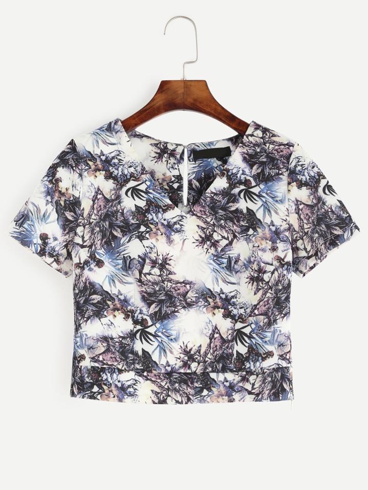 Romwe V Neck Floral Print Keyhole Back Top