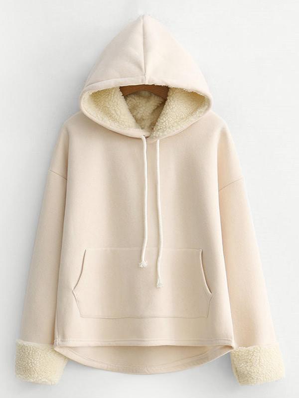 Romwe Lambwool Detail Kangaroo Pocket Hoodie