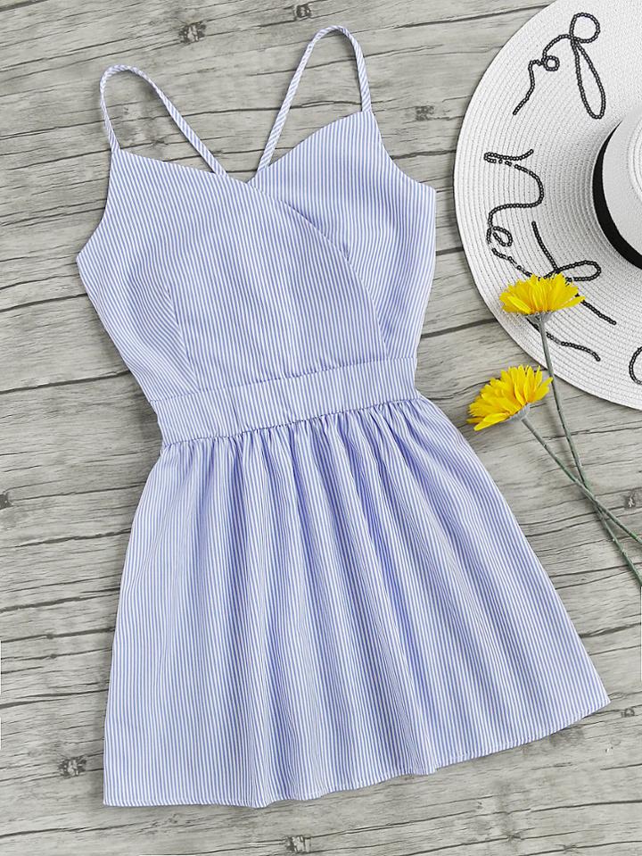 Romwe Surplice Lace Up Back Pinstripe Dress