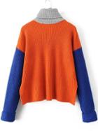 Romwe Orange Color Block Turtleneck Side Slit Sweater