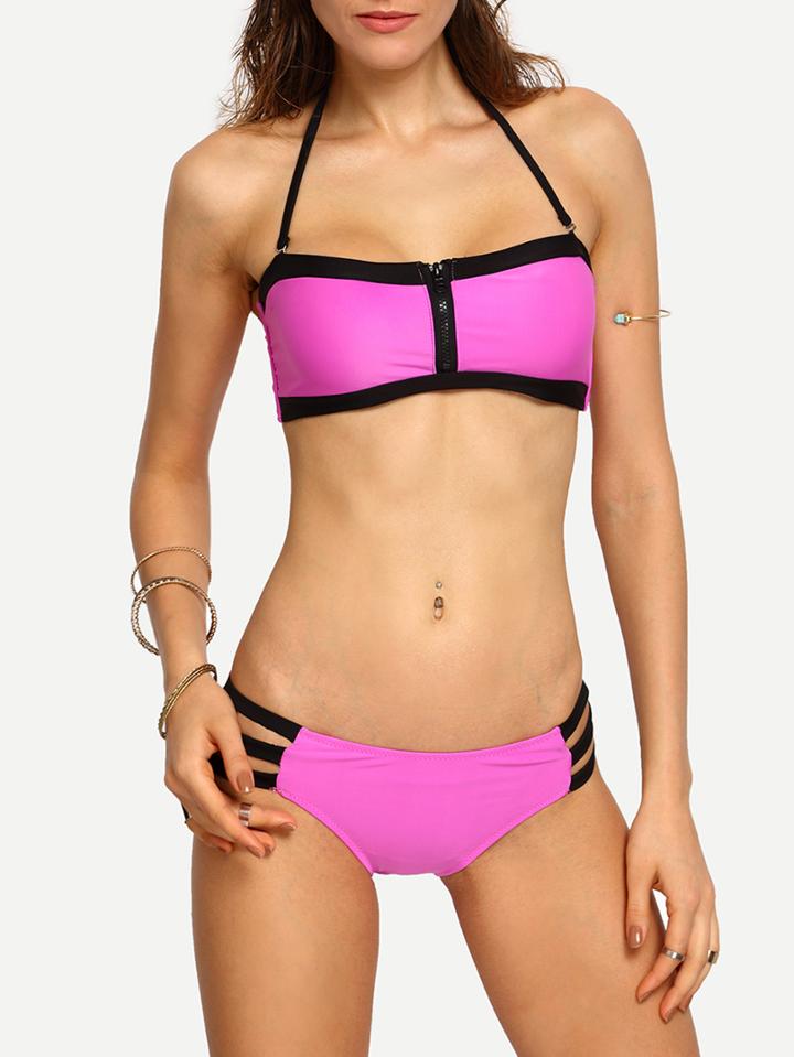 Romwe Contrast Trim Zip Front Ladder-cutout Bikini Set