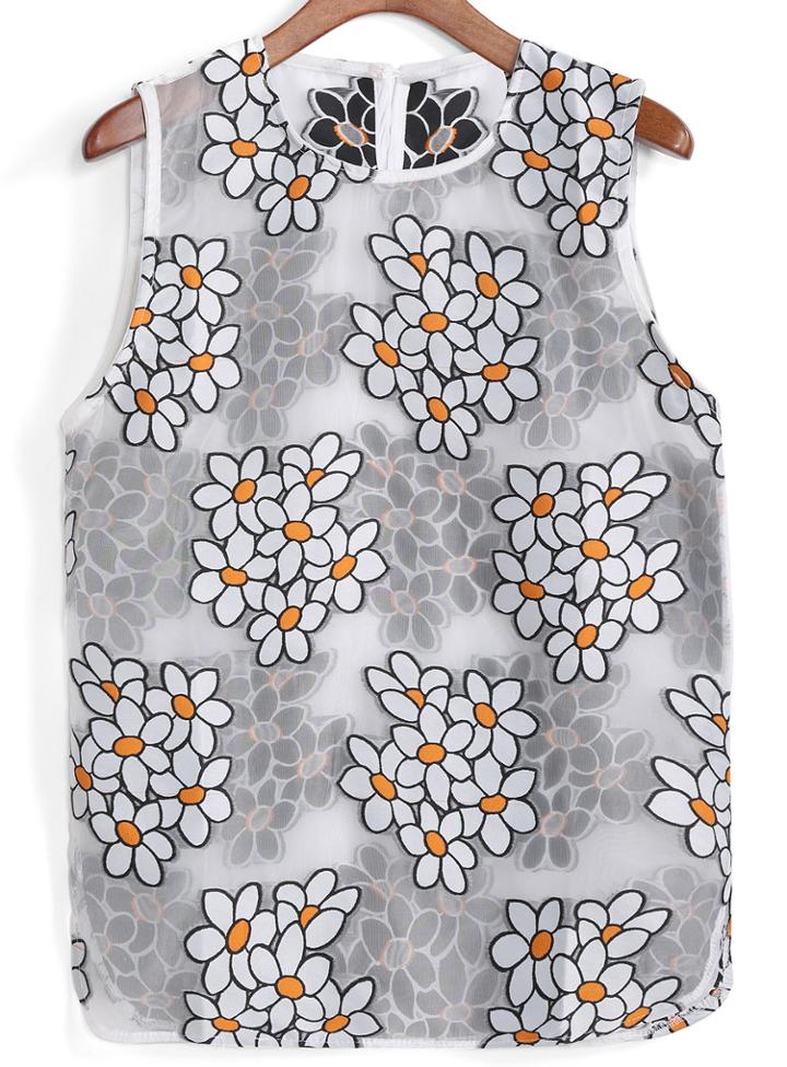 Romwe Flower Print Mesh White Tank Top