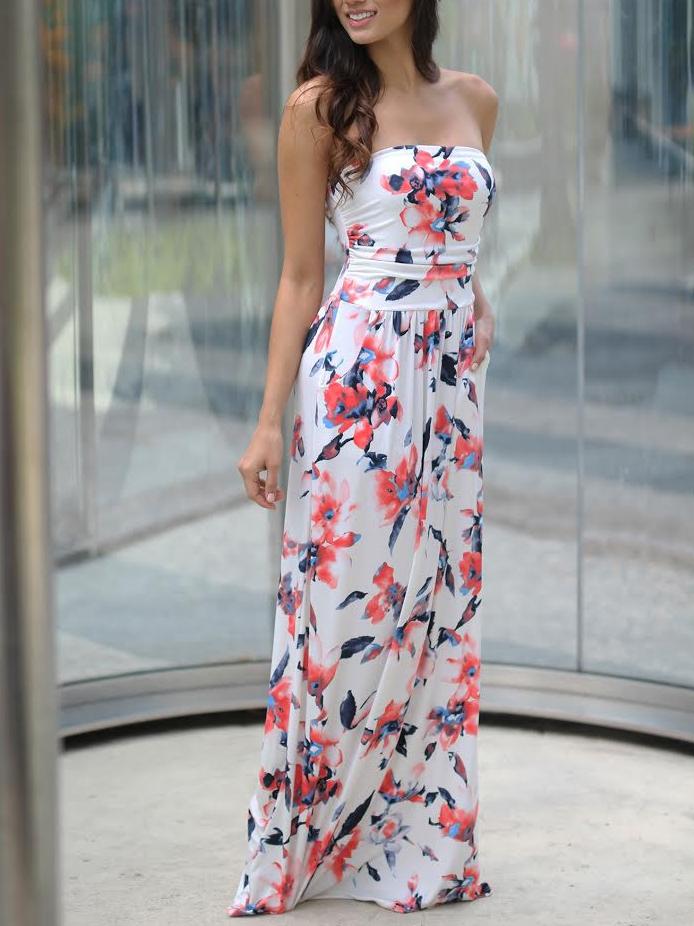 Romwe Multicolor Flower Print Bandeau Maxi Dress