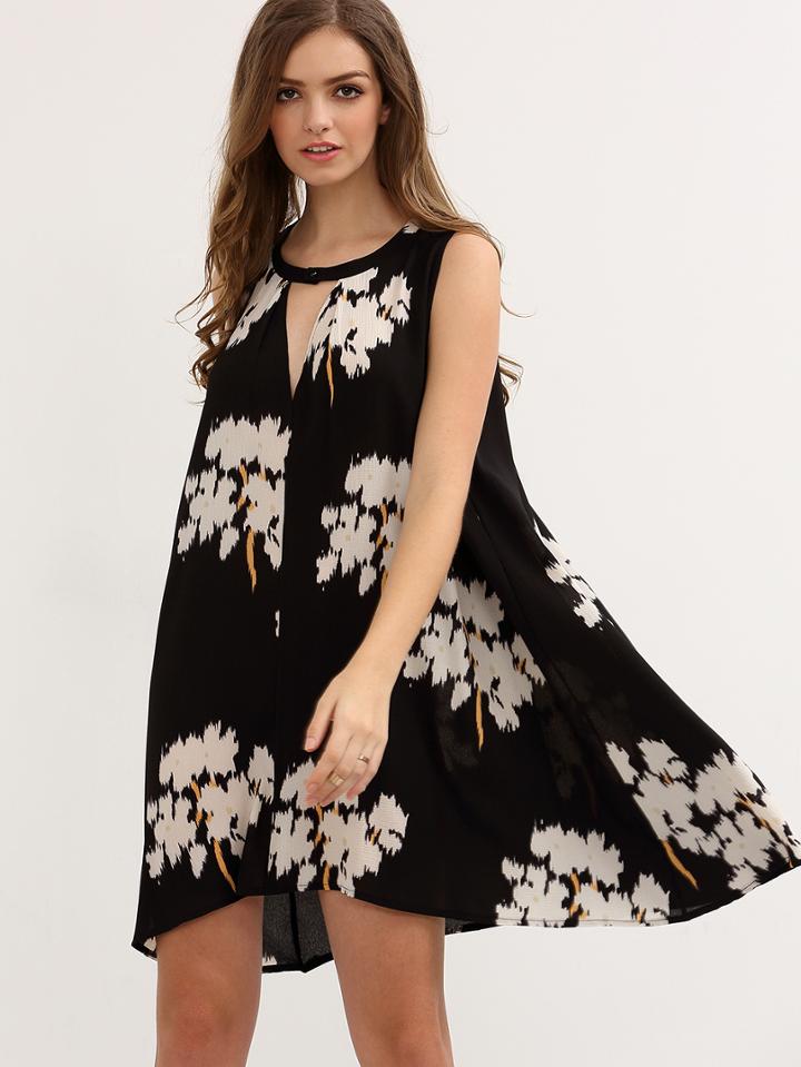 Romwe Black Sleeveless Floral Hollow Shift Dress