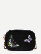 Romwe Butterfly Embroidery Velvet Chain Crossbody Bag