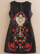 Romwe Sleeveless Embroidered Bead Black Dress
