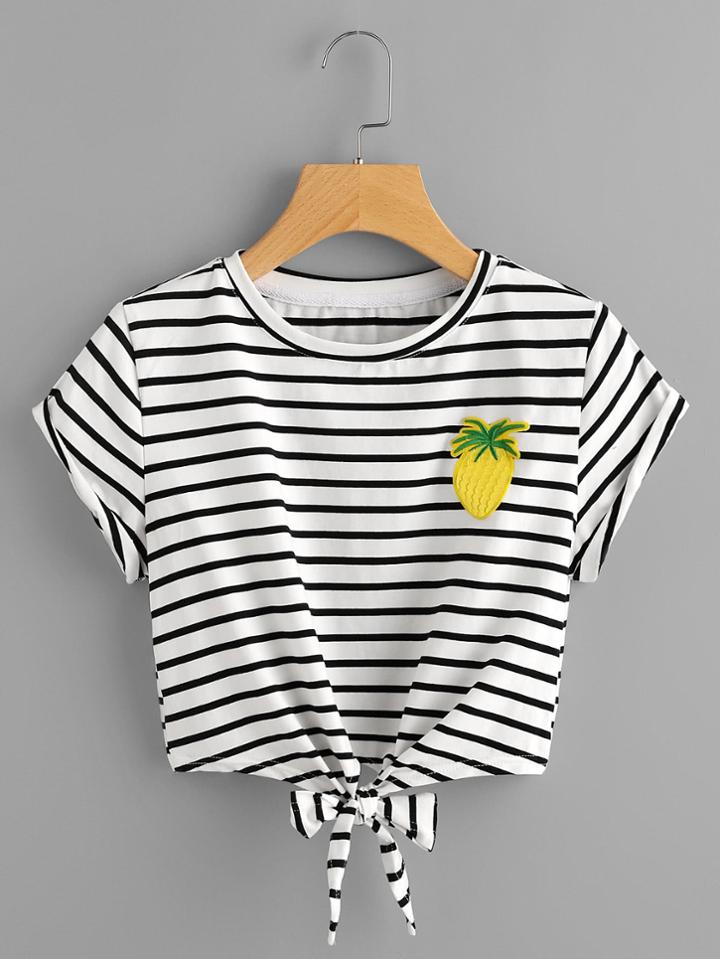 Romwe Pineapple Patch Striped Knot Front Cuffed Tee