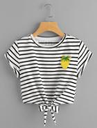 Romwe Pineapple Patch Striped Knot Front Cuffed Tee