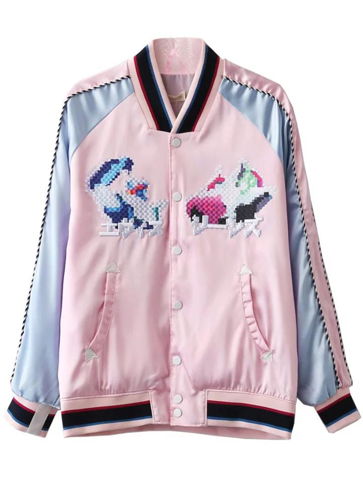 Romwe Pink Rib-knit Cuff Embroidery Button Jacket