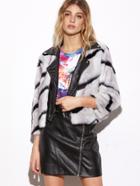 Romwe Striped Contrast Pu Leather 2 In 1 Faux Fur Coat