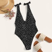 Romwe Dot Print Tie Shoulder Plunge One Piece Swimsuit