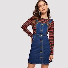 Romwe Single Breasted Stitch Detail Denim Overall Dress