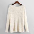 Romwe Round Neck Solid Fuzzy Sweater