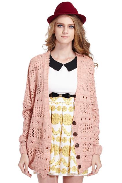 Romwe Hollowed V-neck Pink Cardigan
