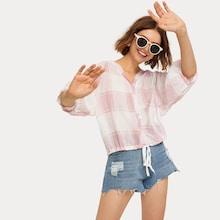 Romwe Plaid Print Drawstring Hem Hooded Blouse