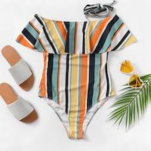 Romwe Random Striped Flounce Swimsuit