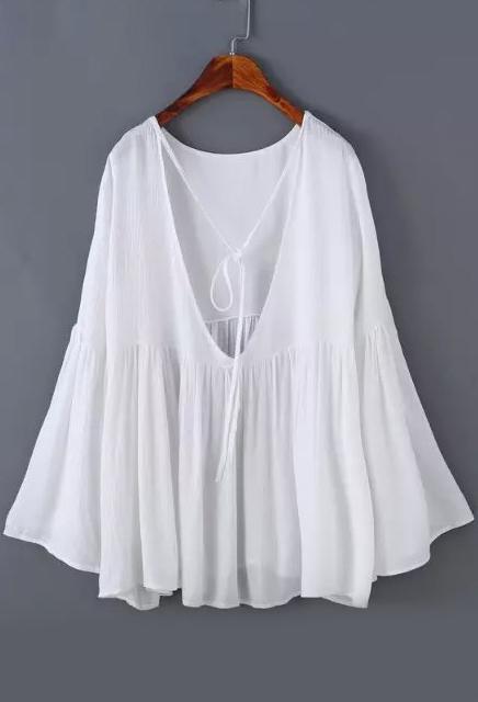 Romwe Bell Sleeve Open Back White Top