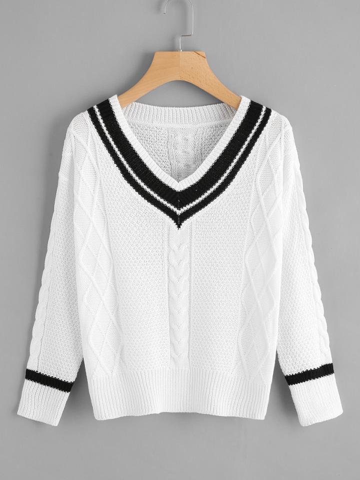 Romwe V Neckline Contrast Trim Sweater