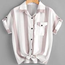 Romwe Plus Striped Pocket Front Blouse