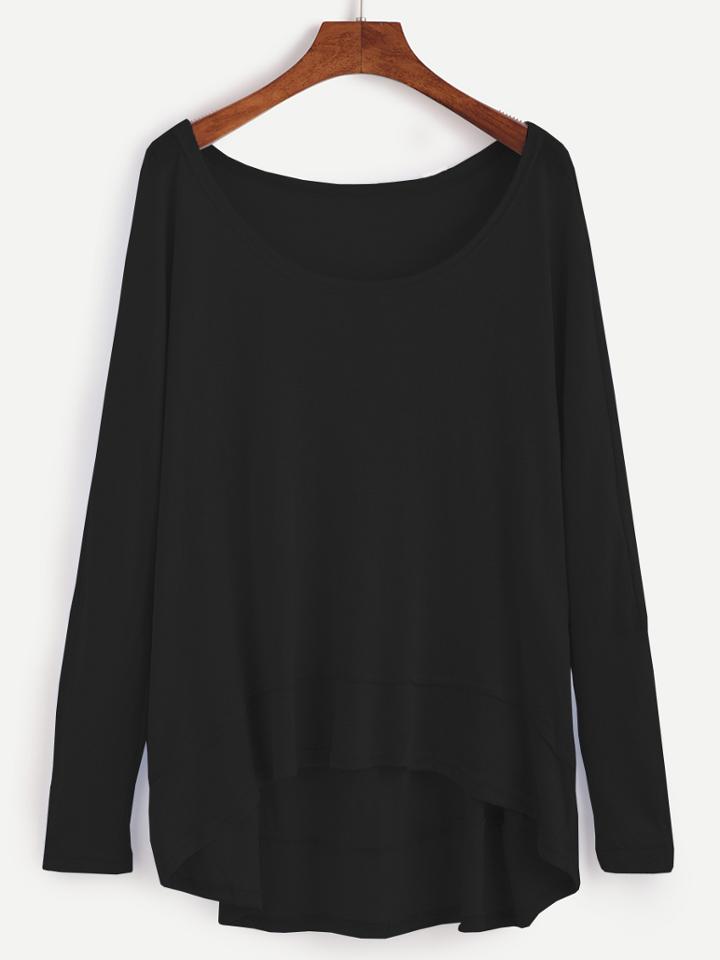 Romwe Black Dip Hem T-shirt