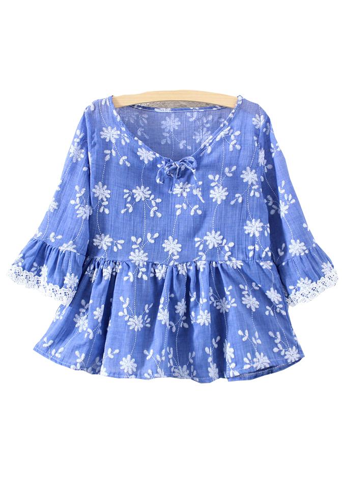 Romwe Half Sleeve Contrast Lace Embroidered Blue Top
