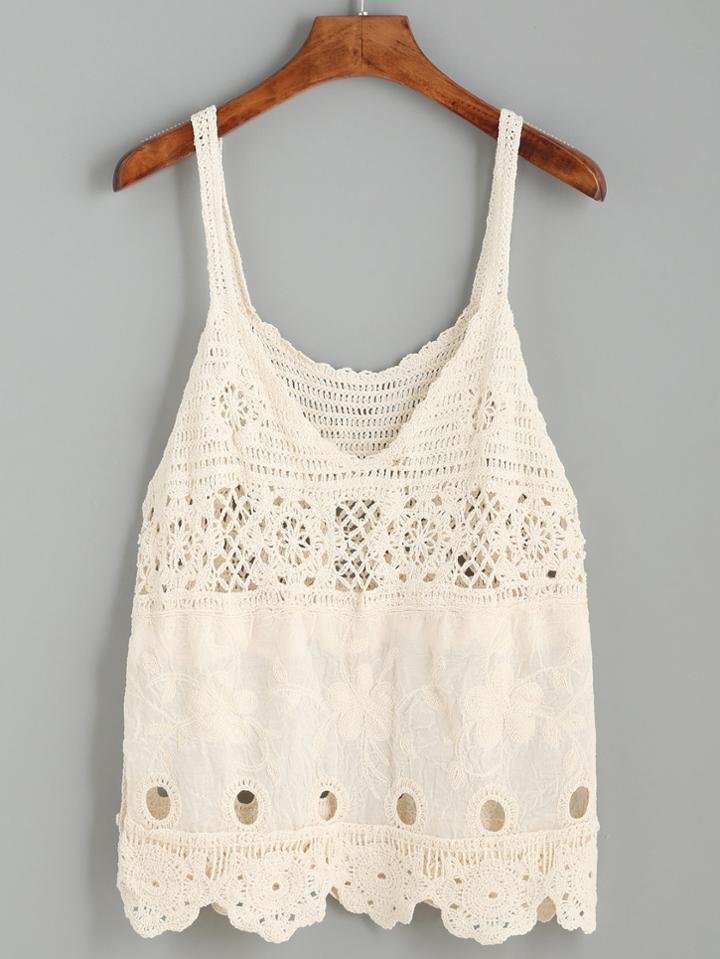 Romwe Beige Crochet Insert Embroidered Cami Top