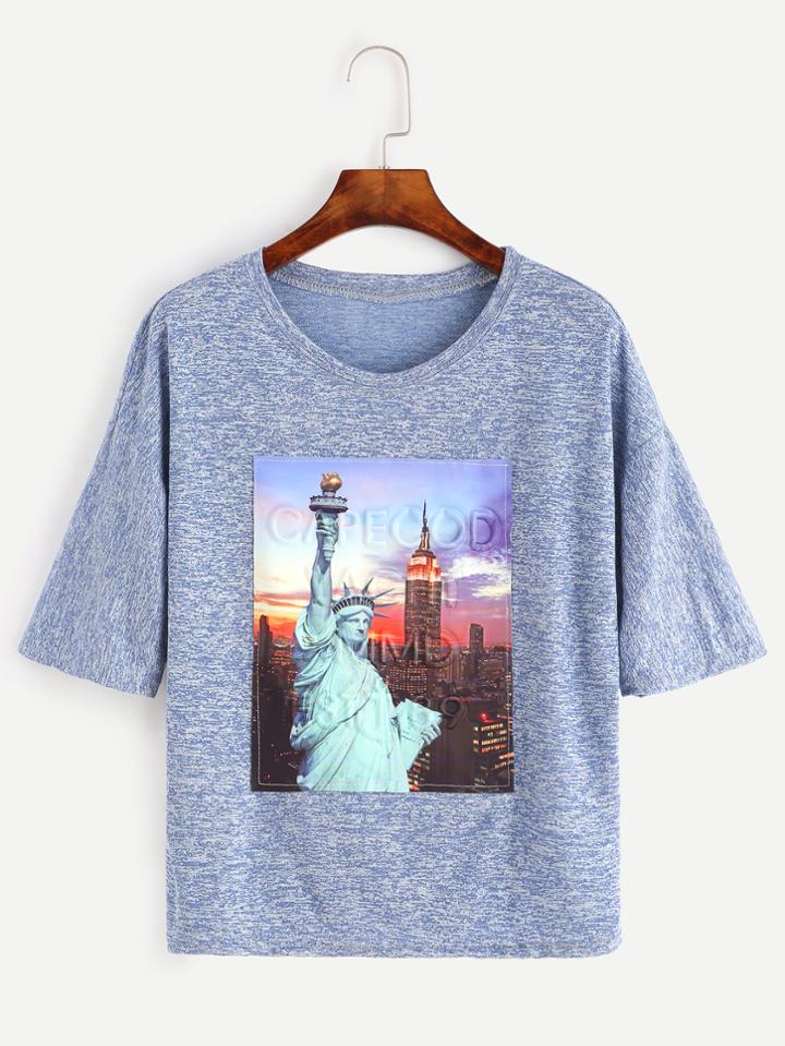 Romwe Blue Marled Knit Graphic Patch Drop Shoulder T-shirt