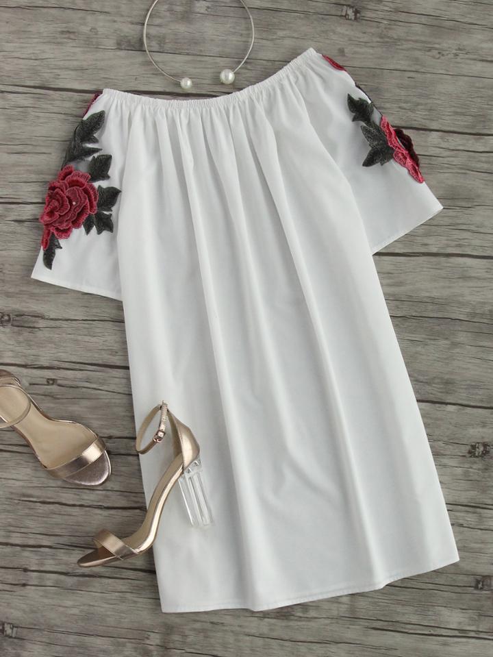 Romwe Off Shoulder Rose Embroidered Applique Dress