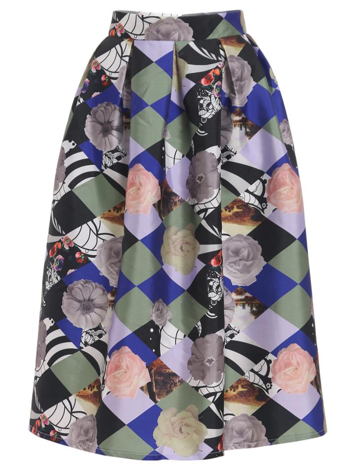Romwe Rose Red Print Flare Skirt
