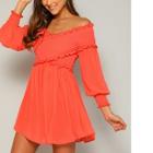 Romwe Neon Orange Shirred Cross Wrap Front Bardot Dress