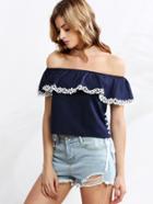 Romwe Navy Lace Applique Ruffle Off The Shoulder Top