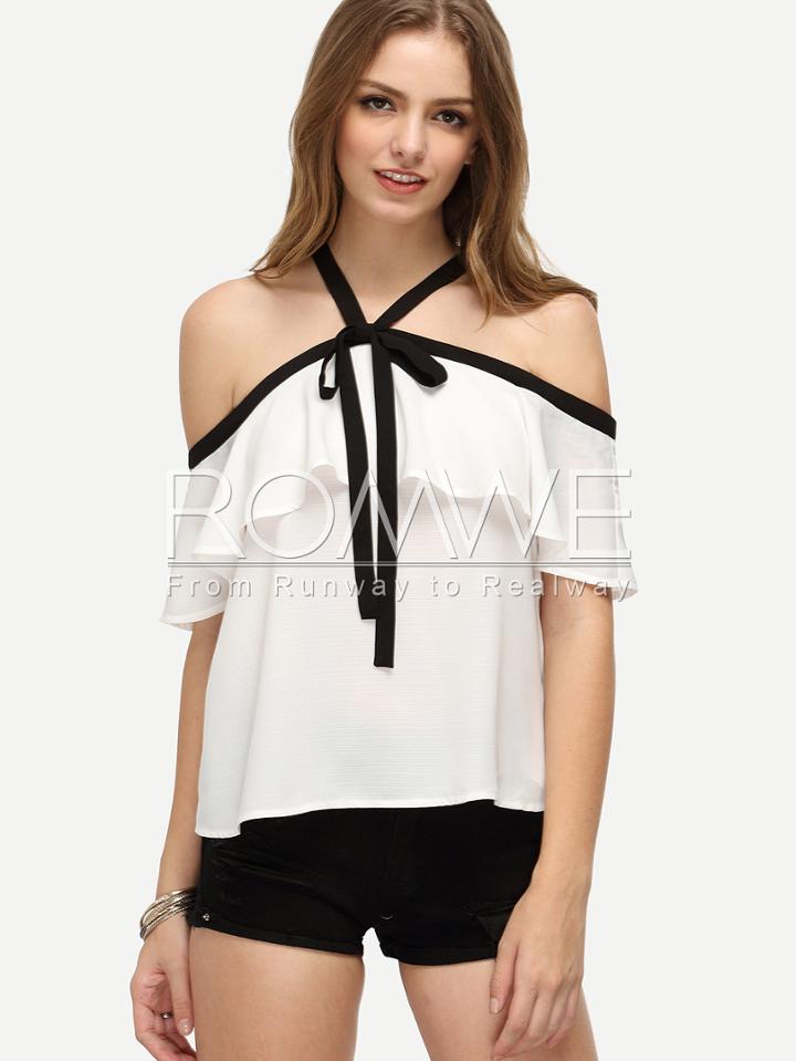 Romwe White Ruffle Halter Off The Shoulder Blouse