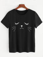 Romwe Black Cat Print Short Sleeve T-shirt