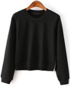 Romwe Round Neck Zipper Crop Black Sweatshirt