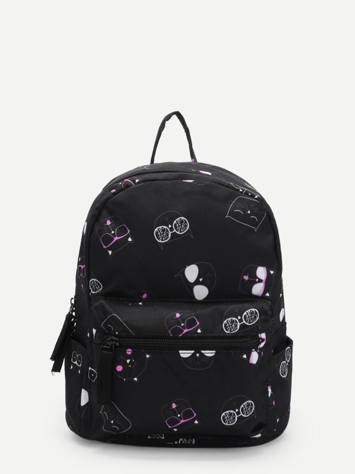 Romwe Cat Print Pocket Front Backpacks