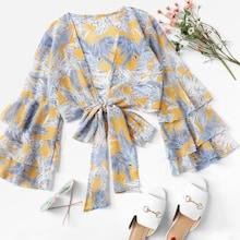 Romwe Foliage Print Layer Sleeve Knot Top