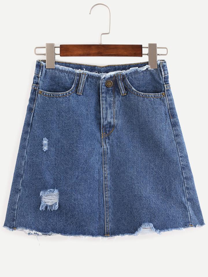 Romwe Frayed A-line Blue Denim Skirt