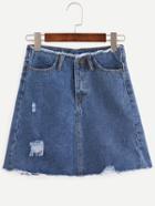 Romwe Frayed A-line Blue Denim Skirt
