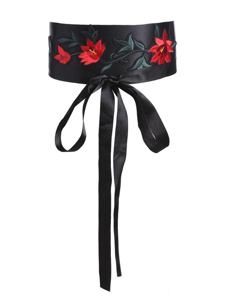 Romwe Flower Embroidery Bow Front Obi Belt