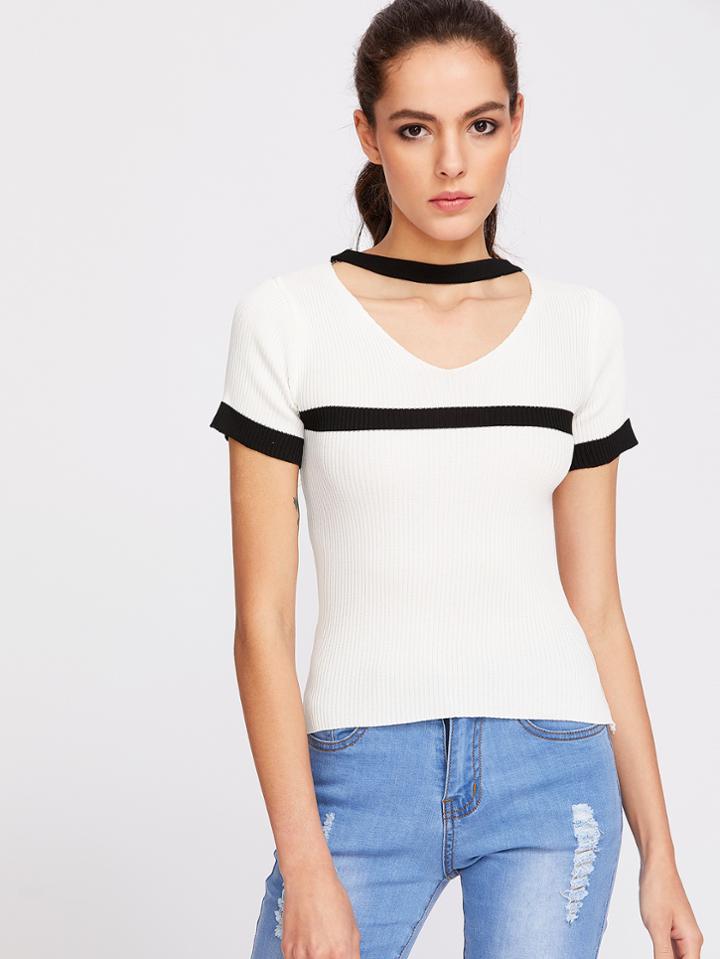 Romwe White Contrast Trim Choker V Neck Knitted T-shirt