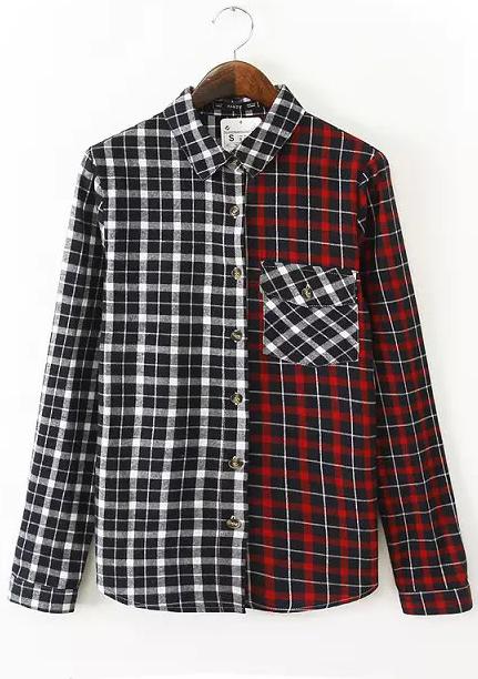Romwe Check Print Color Block Blouse