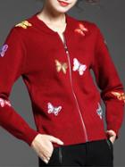 Romwe Burgundy Butterfly Embroidered Zipper Knit Coat