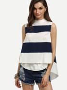 Romwe Navy White Striped Mock Neck Swing Top